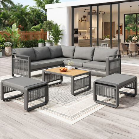 Ensemble de mobilier de jardin en métal gris avec coussins, 2 canapés 2 places, 1 angle, 2 poufs, 1 table et pieds réglables (1/5)