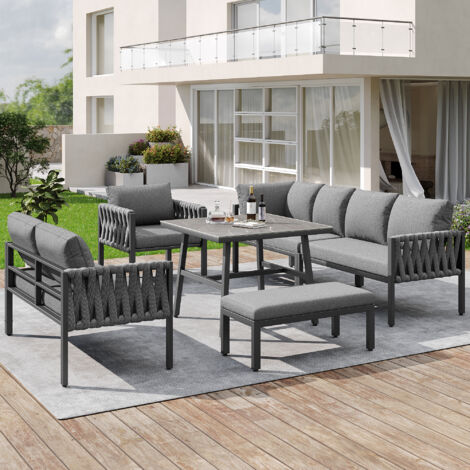Ensemble de mobilier de jardin en métal gris avec tressage en corde, canapé d'angle, fauteuil, banc, table en verre trempé et coussins (1/5)