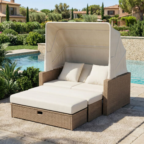 Mobilier d'extérieur pour terrasse en PE-rattan kaki, 2-4 places, convertible avec table réglable et auvent (1/5)