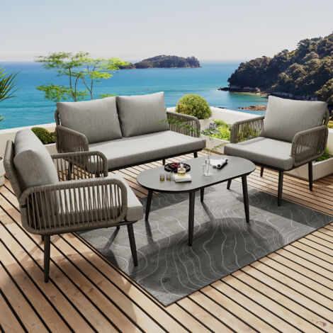 Ensemble de mobilier de jardin en acier galvanisé gris, 1 canapé 2 places, 2 fauteuils et table basse avec coussins (1/5)