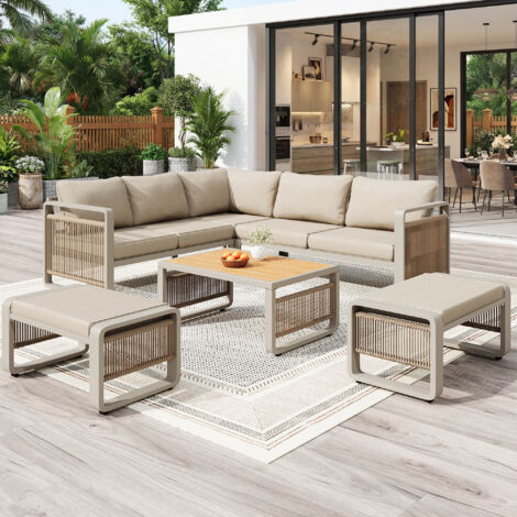 Ensemble de mobilier de jardin en métal beige, salon d'angle 6-7 places avec coussins épais, table basse et pieds réglables (1/5)
