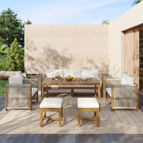 Ensemble de mobilier de jardin 7 places en bois massif et corde tressée beige, table à plateau en acacia avec coussins