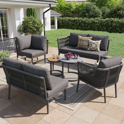 Ensemble de mobilier de jardin modulaire en métal et oléfine gris, 6 pièces avec 2 tables, coussins et pieds réglables (1/5)