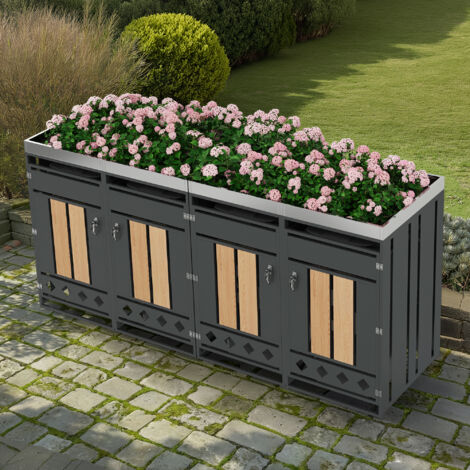 Armoire de rangement de jardin en acier galvanisé gris et décor bois, 4 compartiments verrouillables avec bac à plantes (1/5)