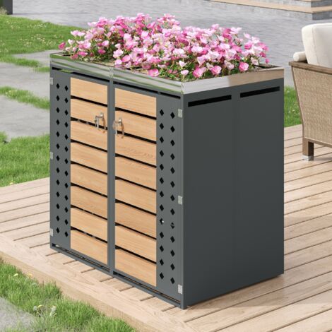 Armoire de rangement pour poubelles en acier galvanisé gris et effet bois, 2 compartiments, bac à plantes intégré, verrouillable (1/5)