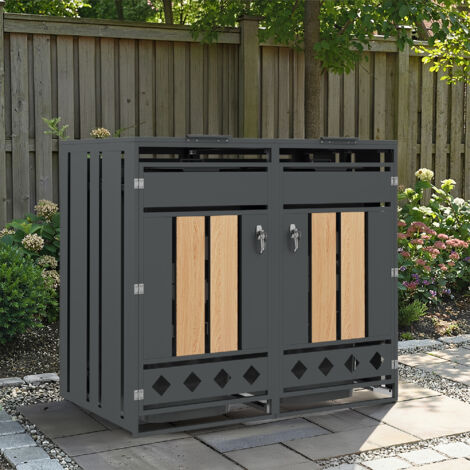 Armoire cache-poubelles de jardin en acier galvanisé gris aspect bois, 2 compartiments, couvercle hydraulique, portes verrouillables (1/5)