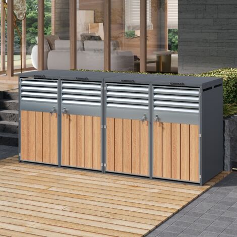 Abri pour poubelles extérieur en acier galvanisé gris et décor bois, 4 compartiments verrouillables avec couvercle hydraulique (1/5)