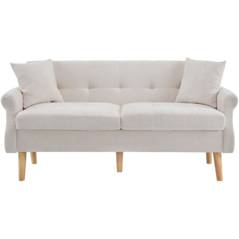 Canapé 2 Places 162x74x77 Cm En Chenille Beige, Coussin 15 Cm, Pieds Bois Massif 20 Cm (1/5)