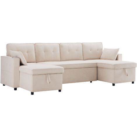 Canapé Modulable 270x130 Cm En Coton-lin Beige, Grand Format En U Avec Coffre De Rangement (1/5)