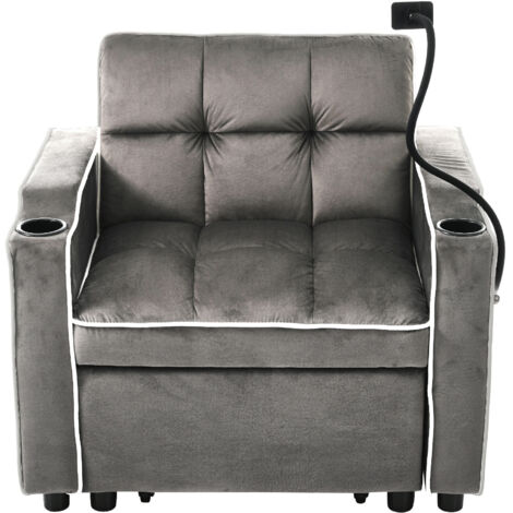 Fauteuil D'appoint 83x167x76 Cm En Velours Gris Foncé, 3-en-1 Avec Porte-gobelets Et Poche (1/5)