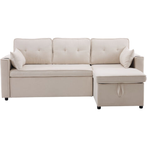 Canapé 211x130x86 Cm Avec Chaise Longue Réversible Et Coffre, Tissu Coton-lin Beige, Dossier Haut (1/5)