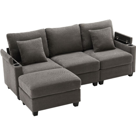 Canapé D'angle 213,5x139x87 Cm En Corduroy Gris Foncé, Modulable Avec Pouf Et Port USB (1/5)