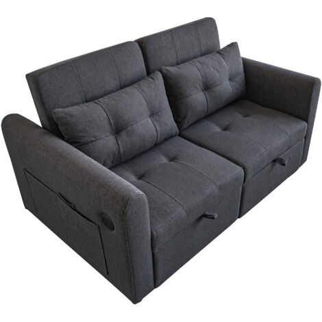 Canapé 142x85 Cm Convertible 3-en-1 En Tissu Coton-lin Gris, Dossier Réglable Et Ports USB (1/5)
