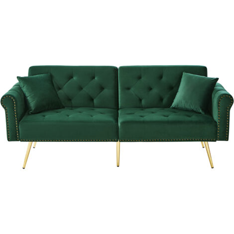 Canapé-lit 147x85 Cm En Velours Vert Antique, Dossiers Indépendants 3 Positions, Pieds Métal Doré (1/5)