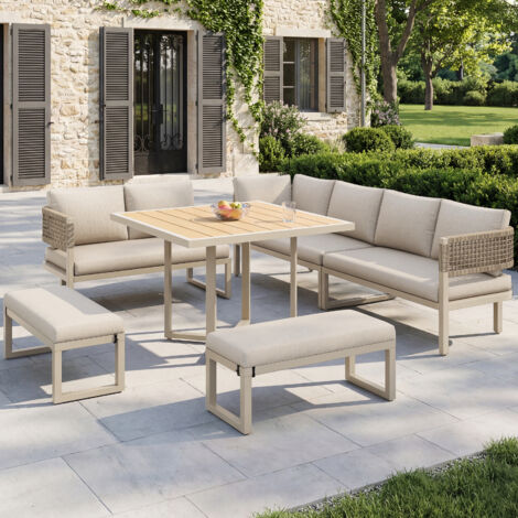 Ensemble de mobilier de jardin en métal et tissu imperméable beige, 3 canapés doubles, 3 bancs, table 80 x 80 cm (1/5)