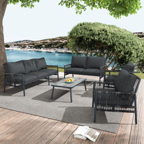 Ensemble de mobilier de jardin 7 places en PE rotin gris, acier galvanisé et table basse en verre trempé, avec coussins lavables (1/5)