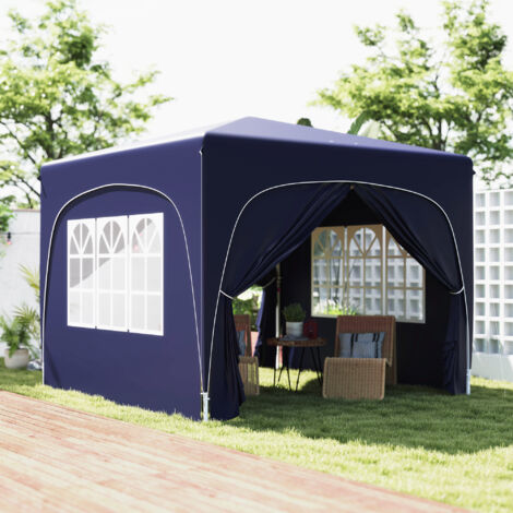 Pavillon de jardin pliant 300 x 300 cm en polyester bleu, pieds métalliques réglables, 4 parois, protection UV 50+ (1/5)