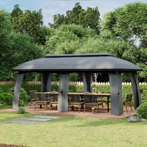 Pavillon de jardin en polyester gris foncé 300 x 600 cm avec double toit, rideaux amovibles et moustiquaires (1/4)