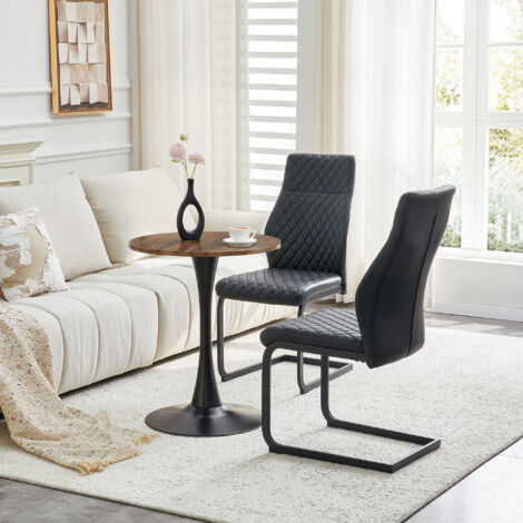 Ensemble table ronde et 2 chaises MDF noyer et métal noir, assise en PU noir, table Ø60x72 cm (1/5)