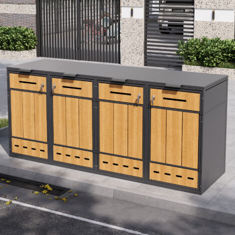Couvercle de poubelle extérieur en acier gris et décor bois, 4 compartiments, couvercle relevable, portes frontales, ventilé (1/5)