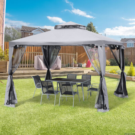 Pavillon de jardin métal et polyester gris anthracite 294 x 294 x 265 cm avec 4 parois moustiquaires