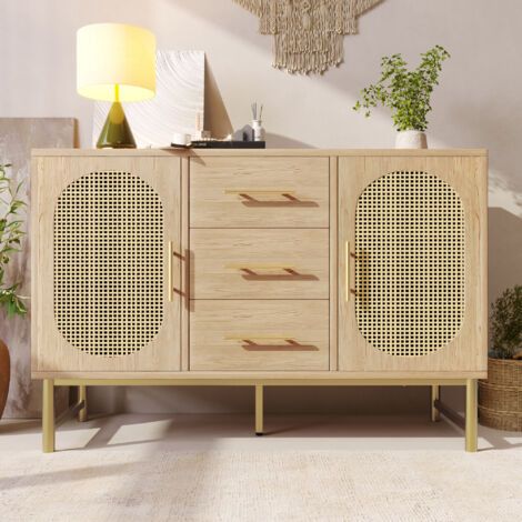 Sideboard en panneaux de particules et métal chêne Sonoma 120x40x74 cm, 3 tiroirs, 2 portes effet rotin, étagère réglable (1/5)