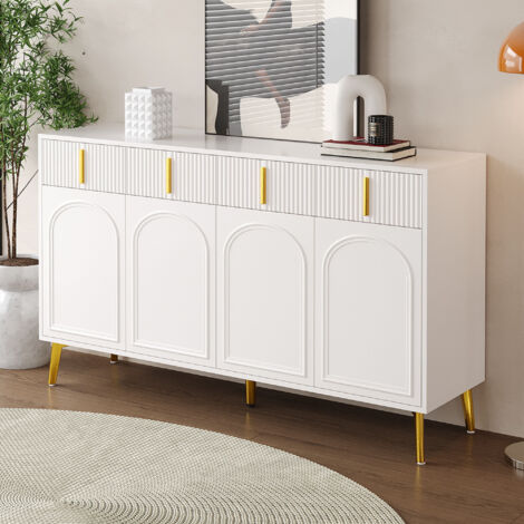 Sideboard MDF blanc 140x38x82 cm, 4 portes, 4 tiroirs, étagères amovibles réglables, poignées et pieds dorés (1/5)