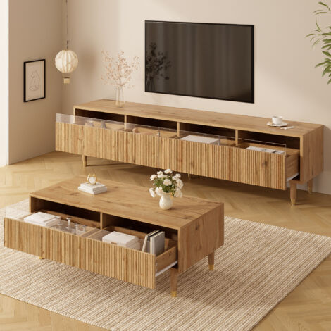 Ensemble meuble TV et table basse en MDF coloris bois, LED 7 couleurs, façades acryliques, 178,0 cm + 110,0 cm