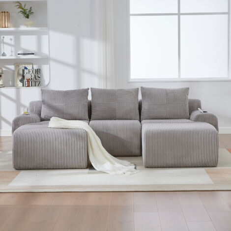 Canapé modulaire 3 places en velours côtelé gris clair 268x174x80 cm avec porte-gobelet et poche latérale (1/5)