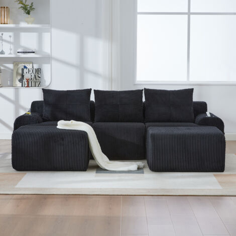 Canapé modulaire 3 places en velours côtelé noir 268x174x66 cm avec porte-gobelet et poche de rangement (1/5)
