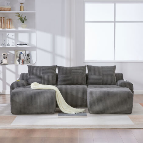 Canapé modulaire en tissu côtelé gris foncé 268x174x66 cm avec porte-gobelet intégré et poche de rangement (1/5)
