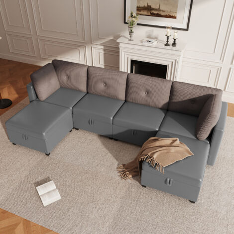 Canapé modulaire 6 modules en velours et corduroy gris antique, avec rangement, convertible en U/L/méridienne, 261 x 132,5 cm (1/5)