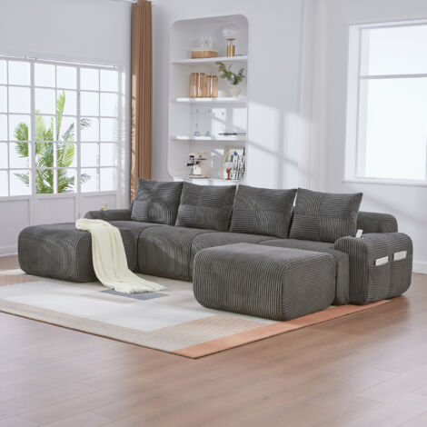 Canapé modulaire 4 places en velours côtelé gris foncé 333x174x80 cm avec porte-gobelet et poche de rangement (1/5)