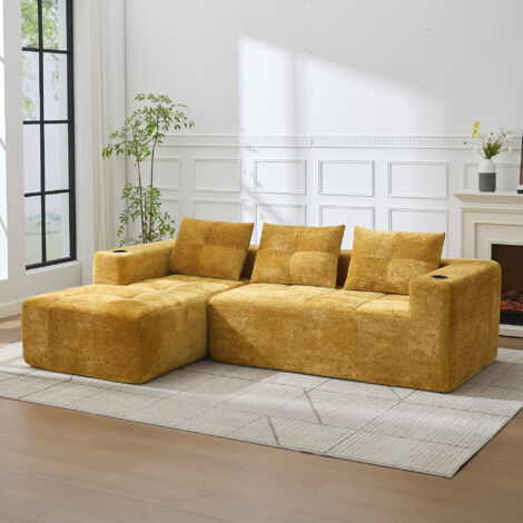Canapé d'angle en chenille jaune 258 cm, rembourré, 4 à 5 places, avec porte-gobelets (1/5)