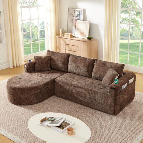 Canapé d'angle modulable en tissu brun, design en L sans montage, avec porte-gobelet en acier inoxydable (1/5)