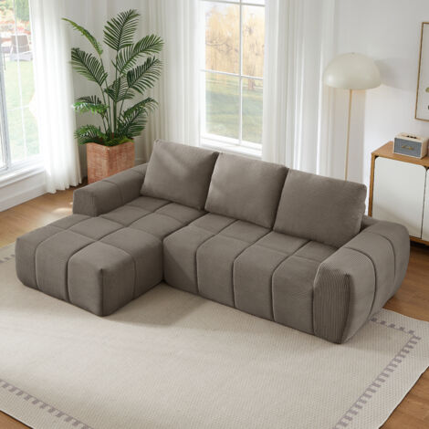 Canapé d'angle en velours côtelé taupe, design segmenté capitonné, coussins amovibles, sans montage (1/5)