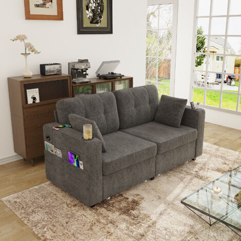 Canapé 2 places en chenille grise 172x75x82 cm avec tiroirs de rangement, ports USB, porte-gobelets et poches latérales (1/5)