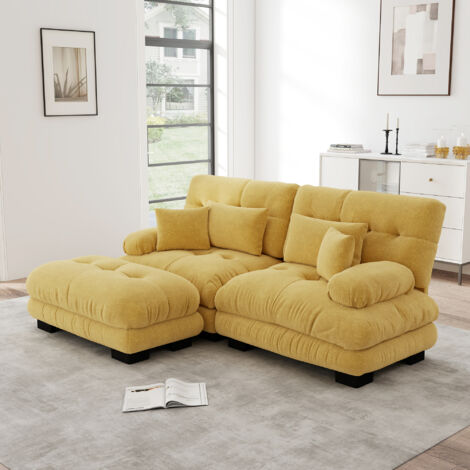 Canapé modulaire en chenille jaune avec ottomans assortis, accoudoirs larges et coussins lombaires (1/5)