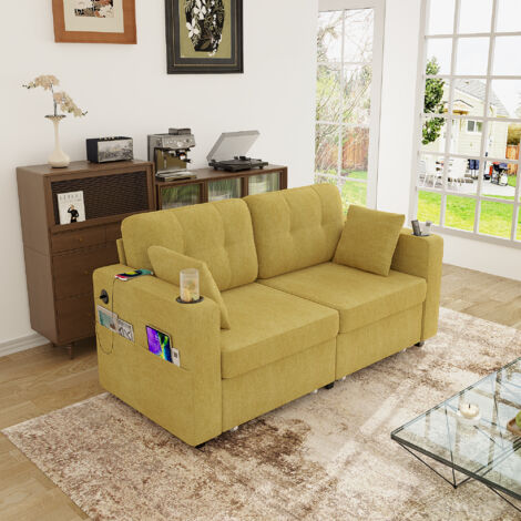 Canapé 2 places en chenille jaune moutarde 172x75x82 cm avec tiroirs de rangement, ports USB et porte-gobelets (1/5)