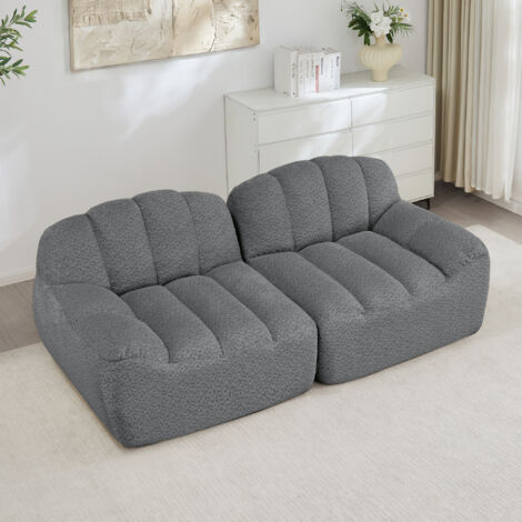 Canapé modulaire 2 places sans structure en tissu polaire granulé gris, avec ottoman, sans montage (1/5)