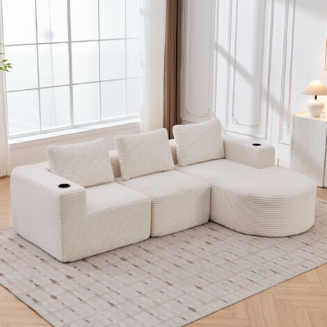 Canapé 2 places rembourré en polyester beige, avec 3 coussins et 2 porte-gobelets, design compact pour petits espaces (1/5)