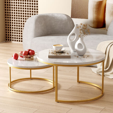Table basse gigogne 2 pièces en MDF blanc effet marbre et métal doré, 80 cm, tables empilables