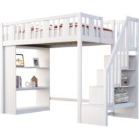 Lit mezzanine 90x200 cm en bois blanc avec escalier de rangement, barrières de sécurité et sommier à 15 lattes