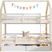 Lit en bois massif blanc et chêne 90x200 cm avec tiroirs de rangement, sommier à lattes inclus