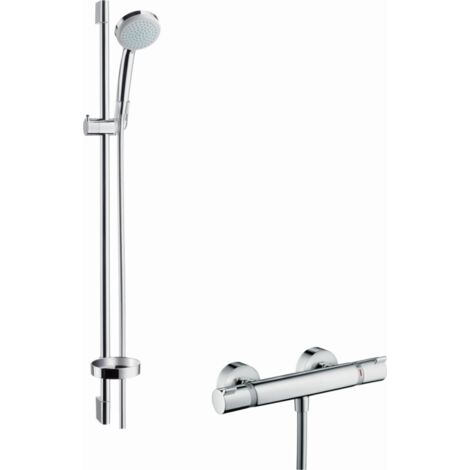 hansgrohe Croma 100 Brausesystem Aufputz Vario mit Ecostat Comfort Thermostat und Brausestange 90 cm Chrom, 27035000