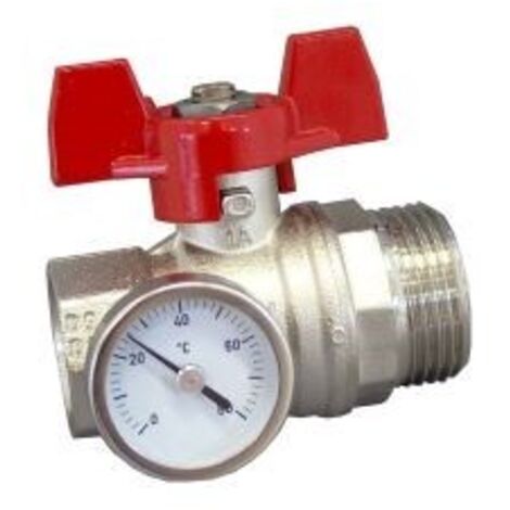 OVENTROP Robinet à tournant sphérique à portée plate, bleu, avec thermomètre, pour distributeur de circuit de chauffage Multidis SH/SF/SFQ, DN 25, 1406584 (1/2)