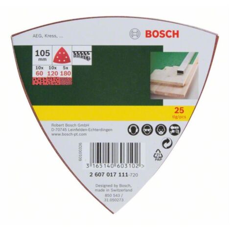 Bosch Hoja Lija Set para Lijadora Delta 25 piezas 6 agujeros velcro 105 mm velcro 60 120 180 - 2607017111 (1/2)