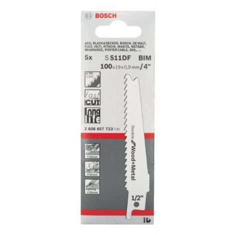 BOSCH S511DF Paquete de 5 hojas de sierra de sable cortas para madera y metal