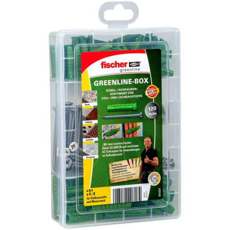 FISCHER 531227 MEISTER-BOX GREENLINE A2, CONTENIDO: 50 6 X 30, 30 GREEN 8 X 40, 25 4,5 X 50, 15 ACERO INOXIDABLE 5,0 X 60, TORNI (1/4)