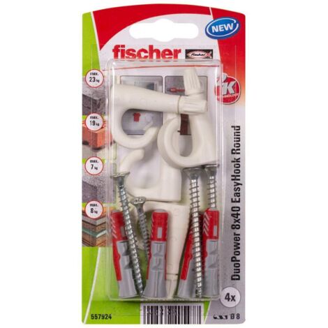 fischer EasyHook Round 8, set da 4 Ganci Tondi e 4 Tasselli DuoPower 8 x 40 mm, Montaggio Facile e Veloce Senza uso di Pinze su Muro, Cartongesso, Mattoni Forati, Cemento, Legno, Soffitto, 557927 (1/5)